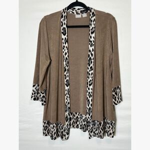 Chico's Travelers Tan Open-Front Knit Cardigan Leopard Print Trim Size 1 (M)